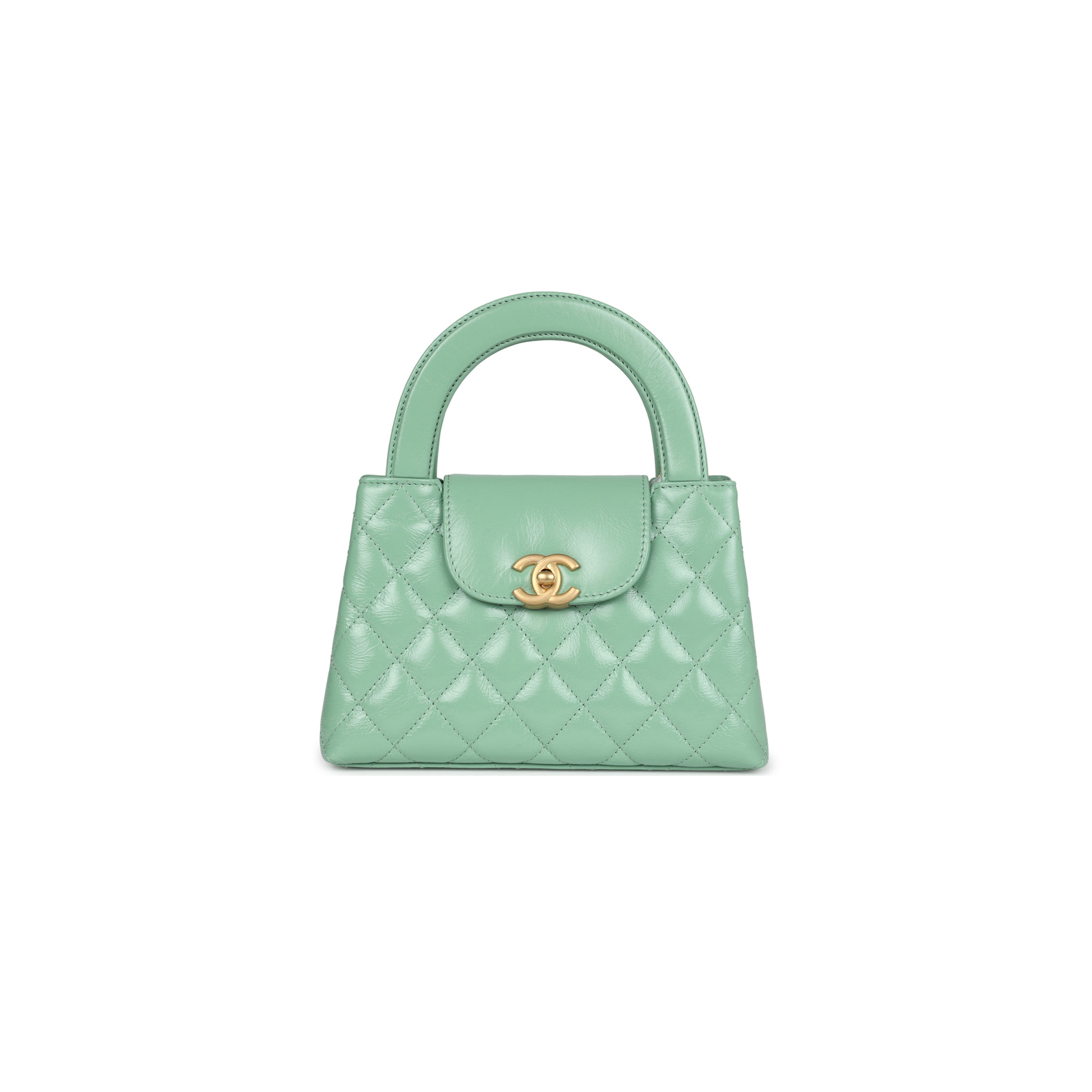 CHANEL MASTER KELLY SHOPPER LIGHT GREEN SHINY CALFSKIN BRUSH GOLD HARDWARE (19*13*7cm)